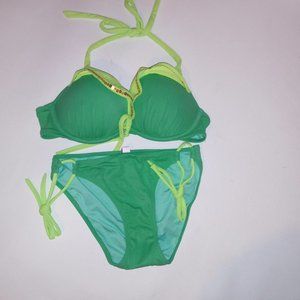 Victoria Secret Swim Bikini 32B Top Small Bottom Green Sequin Trim Gorgeous Push